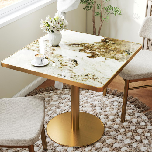 31.5" Tulip Table,Square Kitchen Dining Table for 2-4 with Thick Sintered Stone Top,Titanium Golden Pedestal Base,Heat-Resistant,Bistro Table for Dining Room,Café,Small Space（Cloud Amber）