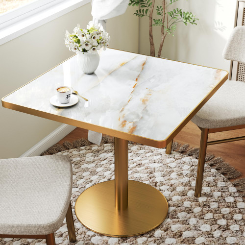 31.5" Tulip Table,Square Kitchen Dining Table for 2-4 with Thick Sintered Stone Top,Titanium Golden Pedestal Base,Heat-Resistant,Bistro Table for Dining Room,Café,Small Space（Sunrise Strings）
