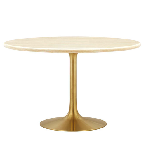 48" Round Artificial Dining Table with Tapered, Metal Base, Gold Travertine