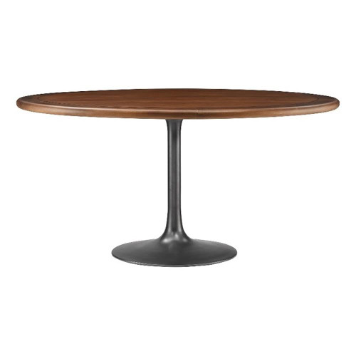60 Inch Round Wood Dining Table with Metal Pedestal in Black Walnut - Modern Industrial Dining Table for 6 People - Solid Wood Tulip Kitchen Table