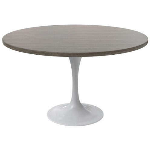 Mid-Century Modern 48 Inch Round Dining Table, MDF Wood Tabletop with White Steel Pedestal Base, Large Pedestal Kitchen & Dining Room Table, Breakfast Nook Table (Dark Maple)
