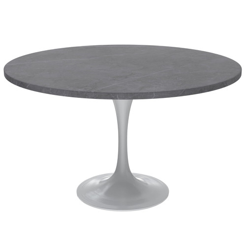 Modern 48" Round Dining Table with Sintered Stone Tabletop in White Steel Pedestal Base for Kitchen and Dining Room (Grey)