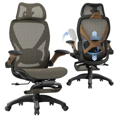 Ergonomic Mesh Office Chair with Footrest, Big and Tall Home Desk Chair with 5D Flip-Up Arms, Adjustable 3D Lumbar Support, Gaming & Executive Computer Chair (Coffee Break)