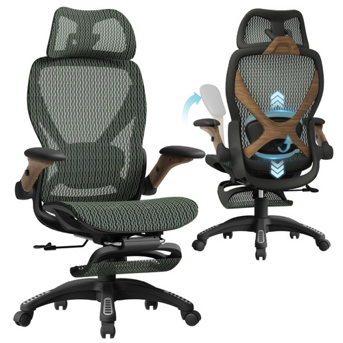 Ergonomic Mesh Office Chair with Footrest, Big and Tall Home Desk Chair with 5D Flip-Up Arms, Adjustable 3D Lumbar Support, Gaming & Executive Computer Chair (Forest Ranger)