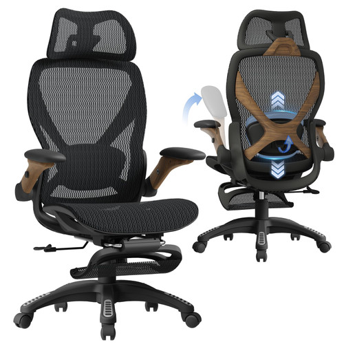 Ergonomic Mesh Office Chair with Footrest, Big and Tall Home Desk Chair with 5D Flip-Up Arms, Adjustable 3D Lumbar Support, Gaming & Executive Computer Chair (Library Oak)
