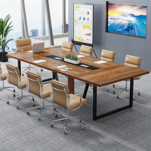 8FT Conference Table, 94.49 L x 47.24 W x 29.53 H Inches Large Meeting Podcast Table for 10 People, Business Style Wooden Training Table with Strong Metal Frame for Office Conference