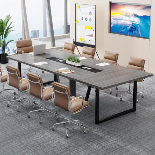 8FT Conference Table, 94.49 L x 47.24 W x 29.53 H Inches Large Meeting Podcast Table for 10 People, Business Style Wooden Training Table with Strong Metal Frame for Office Conference