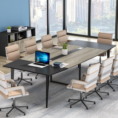 8FT Conference Table, 94.48L x 47.21W x 29.52H Inches Boat Shaped Meeting Table with Rectangle Grommet, Modern Seminar Boardroom Table for Office Conference Room (Grey & Black, 8ft)