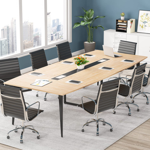8FT Conference Table, 94.48L x 47.21W x 29.52H Inches Boat Shaped Meeting Table with Rectangle Grommet, Modern Seminar Boardroom Table for Office Conference Room (Light Wood Grain, 8ft)