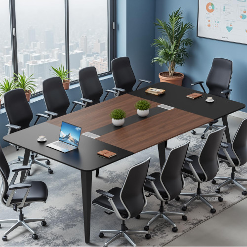 8FT Conference Table, 94.48” Meeting Seminar Table with Cable Grommets, Boardroom Table Workstation for Meeting Room, Office Conference (Black & Walnut)
