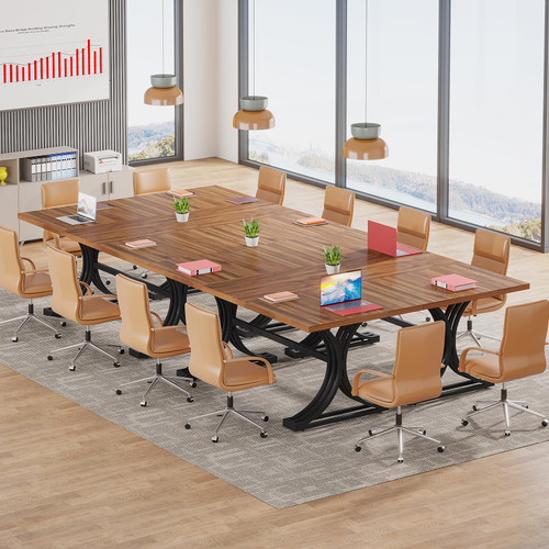 10.5FT Conference Table, Modern Meeting Table for 8-10 People, Rectangle Seminar Boardroom Table for Office Conference Room with Stylish Legs (4, Rustic Brown and Black)