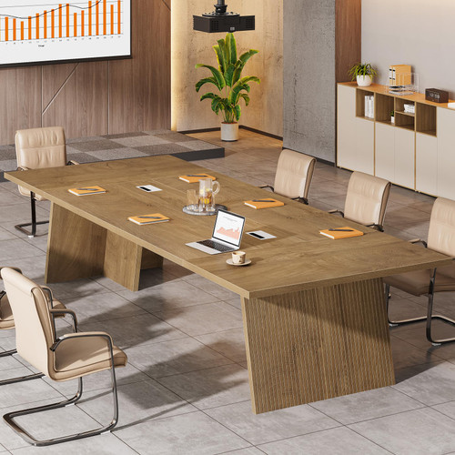 8ft Conference Table, Conference Room Table for 10 People, Large Meeting Desk with Cable Grommet, Modern Boardroom Table for Office Conference (1, Brown)