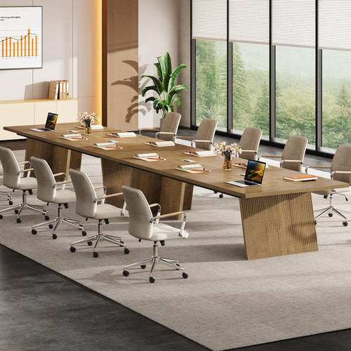 Conference Table, 8ft Conference Room Table for 10 People, Large Meeting Desk with Cable Grommet, Modern Boardroom Table for Office Conference (2, Brown)