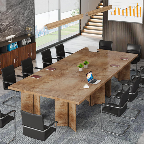 10.5FT Conference Table, Large Rectangle Meeting Seminar Table for 10-14 Person, Long Wooden Business Tables (Set of 4, Light Oak Brown)