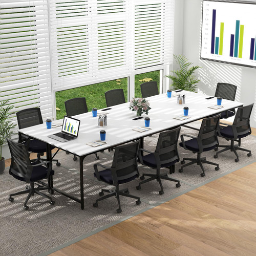 60" Conference Desk Set of 4, Modern Boardroom Desk with Storage Bag, Headphone Hook, Sturdy Metal Frame, Rectangular Seminar Table with Charging Station