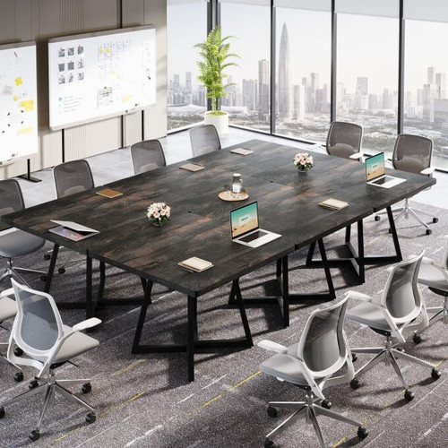 31.5" Square Conference Table Set of 6, 8 ft Industrial Office Meeting Table for 8-10 People, Business Podcast Furniture with Metal Base for Small Spaces, Office Conference, Vintage Black