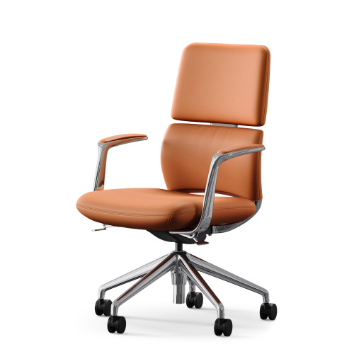 Genuine Leather Office Desk Chair with Wheels, Ergonomic Leather Executive Chair, Mid Back, Swivel Base with Adjustable Tilt, Modern Style, Luxury Aluminum Frame (Orange)