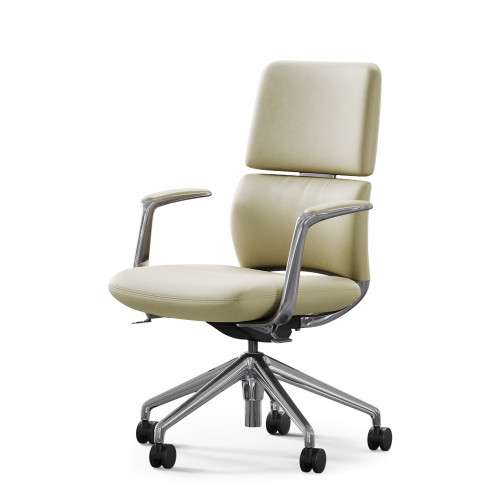 Genuine Leather Office Desk Chair with Wheels, Ergonomic Leather Executive Chair, Mid Back, Swivel Base with Adjustable Tilt, Modern Style, Luxury Aluminum Frame (Beige)
