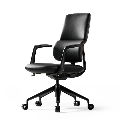 Genuine Leather Office Desk Chair, Ergonomic Leather Office Chair Mid Back, Upgraded Wood Grain Finish and S Curve Back with Solid Aluminum Frame, Luxury and Mordern