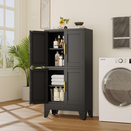47” Black Metal Bathroom Storage Cabinet, Kitchen Pantry Cabinet