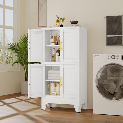 47” White Metal Bathroom Storage Cabinet, Kitchen Pantry Cabinet