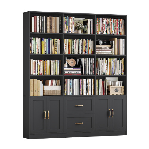 71" Tall Triple Wide Bookshelf with Storage Drawers & Doors, Black