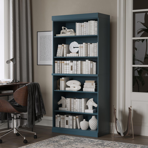Solid Wood Bookcase - Tall 6-Tier Stackable Modular Bookshelf - 71.5" x 32” W - Teal Blue, Open Display Shelf for Living Room & Office Renewable 100% Eco-Friendly Wood, Made in Brazil