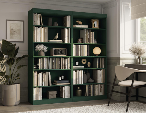 12-Shelf Bookcase, 100% Solid Brazilian Pine Wood, 64" Wide, 71.5" Tall, Green, Modern Style, Modular Stackable, Adjustable Shelves