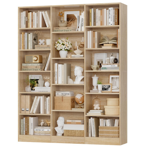 Triple Wide Bookshelf, Large Bookshelf with 17 Display Shelves