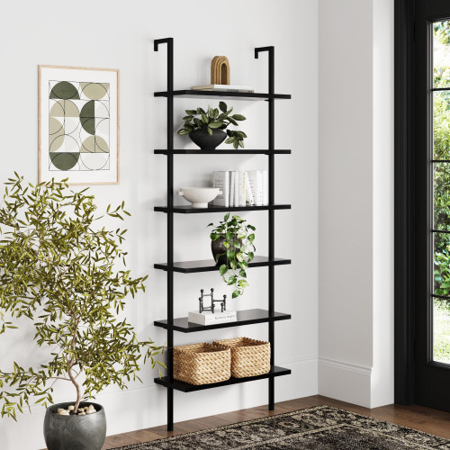 6-Shelf Tall Bookcase, Wall Mount Bookshelf Wood Shelves and Metal Frame, Matte Black