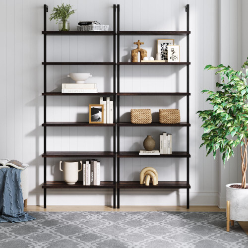 6-Shelf Tall Bookcase, Wall Mount Bookshelf with Natural Wood Finish and Industrial Metal Frame, Nutmeg/Matte Black, Set of 2