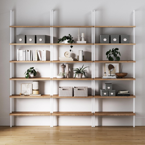6-Shelf Tall Bookcase, Wall Mount Bookshelf with Natural Wood Finish and Industrial Metal Frame, Rustic Oak/White, Set of 3