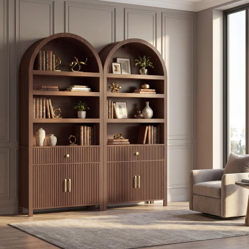 Book Shelf 70" Tall Bookcase with Drawer, 7-Tier Arched Cabinet with Storage and Fluted Door, Mid-Century Modern Modular Arch Bookshelf for Office Living Room Bedroom Library (Walnut, 2)