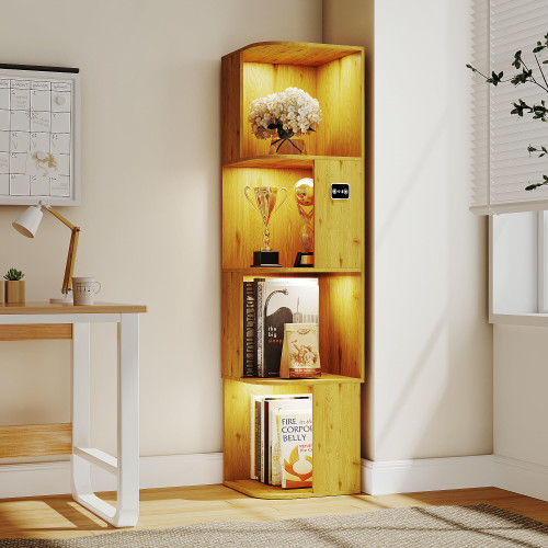 Corner Bookcase with 4 Shelves and 3-Color LED Sensor Lights - Wood