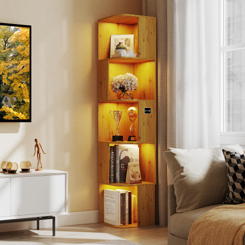 Corner Bookcase with 5 Shelves and 3-Color LED Sensor Lights - Wood