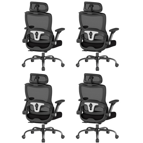 4PC,  Ergonomic Office Chair, Home Computer Chair with 3D Adjustable Headrest and 4D Flip-Up Armrests, Adjustable Lumbar Support, Suitable for Office and Study, Black