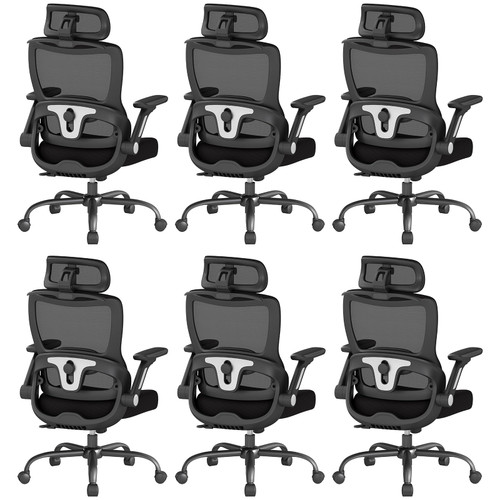 6PC, Ergonomic Office Chair, Home Computer Chair with 3D Adjustable Headrest and 4D Flip-Up Armrests, Adjustable Lumbar Support, Suitable for Office and Study, Black
