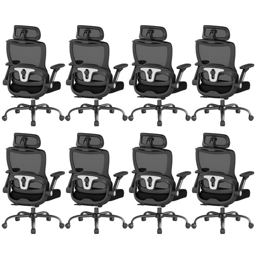 8PC, Ergonomic Office Chair, Home Computer Chair with 3D Adjustable Headrest and 4D Flip-Up Armrests, Adjustable Lumbar Support, Suitable for Office and Study, Black