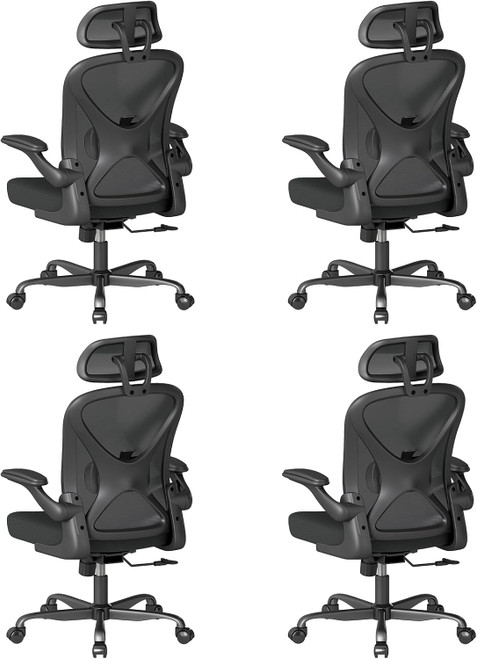 Ergonomic Office Chair Set of 4, with Adjustable Lumbar Support, Mesh Fabric Home Office Chair with Headrest, 360° Swivel and Flip-Up Armrests, Black