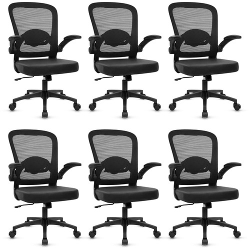 6PK, Desk Chairs with Wheels, Ergonomic Mesh Back PU Leather Seat Home Office Adjustable Lumbar Support and Height Swivel Rolling Computer Task Chair with Flip Up Arms for Conference, Black