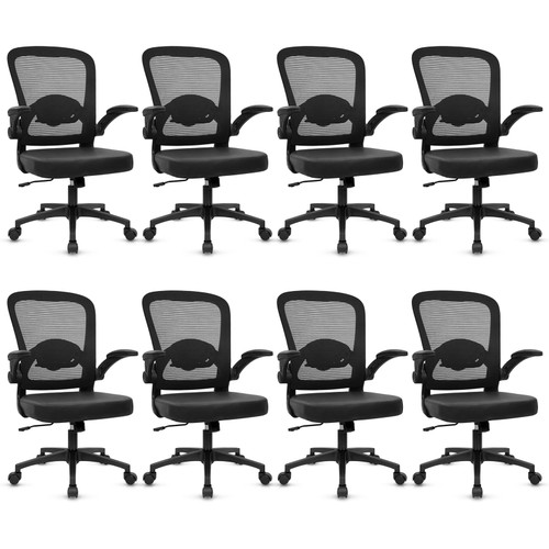 8PK, Desk Chairs with Wheels, Ergonomic Mesh Back PU Leather Seat Home Office Adjustable Lumbar Support and Height Swivel Rolling Computer Task Chair with Flip Up Arms for Conference, Black