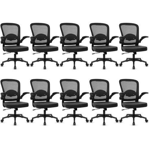 10PK, Desk Chairs with Wheels, Ergonomic Mesh Back PU Leather Seat Home Office Adjustable Lumbar Support and Height Swivel Rolling Computer Task Chair with Flip Up Arms for Conference, Black