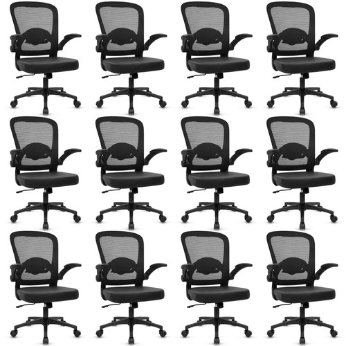 12PK, Desk Chairs with Wheels, Ergonomic Mesh Back PU Leather Seat Home Office Adjustable Lumbar Support and Height Swivel Rolling Computer Task Chair with Flip Up Arms for Conference, Black