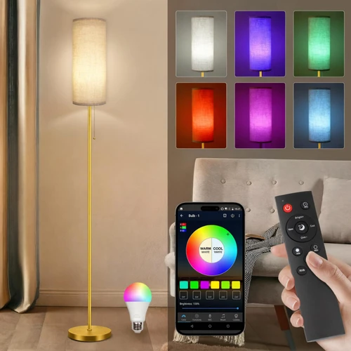 Floor Lamps for Living Room with RGB Color Changing Bulb Dimmable Color Brightness Standing Lamp with Remote Tall Lamps with Chain Switch for Bedroom Office 9W LED Bulb Included, Gold Body RGB Bulb