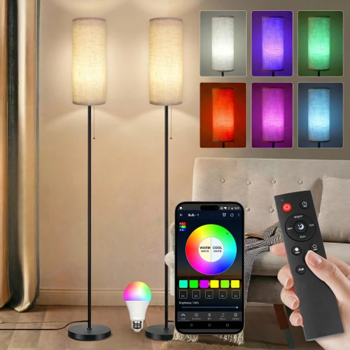 2 Pack LED Corner Floor Lamp with Remote Control Smart Standing Floor Lamp with DIY Color for Bedroom Living Room Gaming Adjustable Color Brightness 9W LED Bulb Included - 2 Pack Beige Shade+RGB Bulb