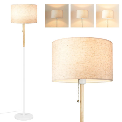 Bedroom Standing Floor Lamp, Farmhouse Lamp with Linen Shade, White