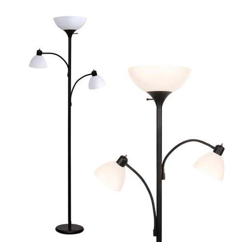 Sky Dome Double LED Floor Lamp, Torchiere Super Bright Floor Lamp with 2 Reading Lamps for Living Rooms & Offices - Dimmable Tall Standing Lamp for Bedroom Reading - Tall Black Pole