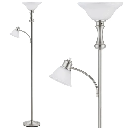 Torchiere Silver Floor Lamp with Adjustable Angle Reading Lamp-71IN