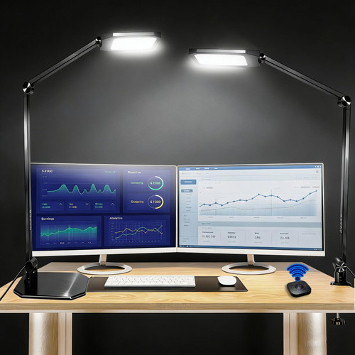 LED Desk Lamp with Remote, Eye-Caring CRI95+ Dimmable Light, 3000K–6000K Adjustable Color Temperature, Flexible Clamp or Base Mount, Memory Function Desk Lamp for Office, Study & Zoom Meetings