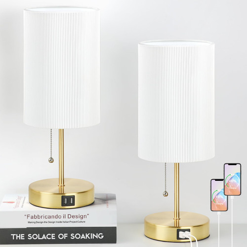 2 Sets Table Lamps with 2 USB, Minimalist Beside Lamps for Bedroom, Nightstand Lamp with Pull Chain, Desk Lamps with White Pleated Shade and Gold Metal Base for Living Room Dorm Reading Hotel
